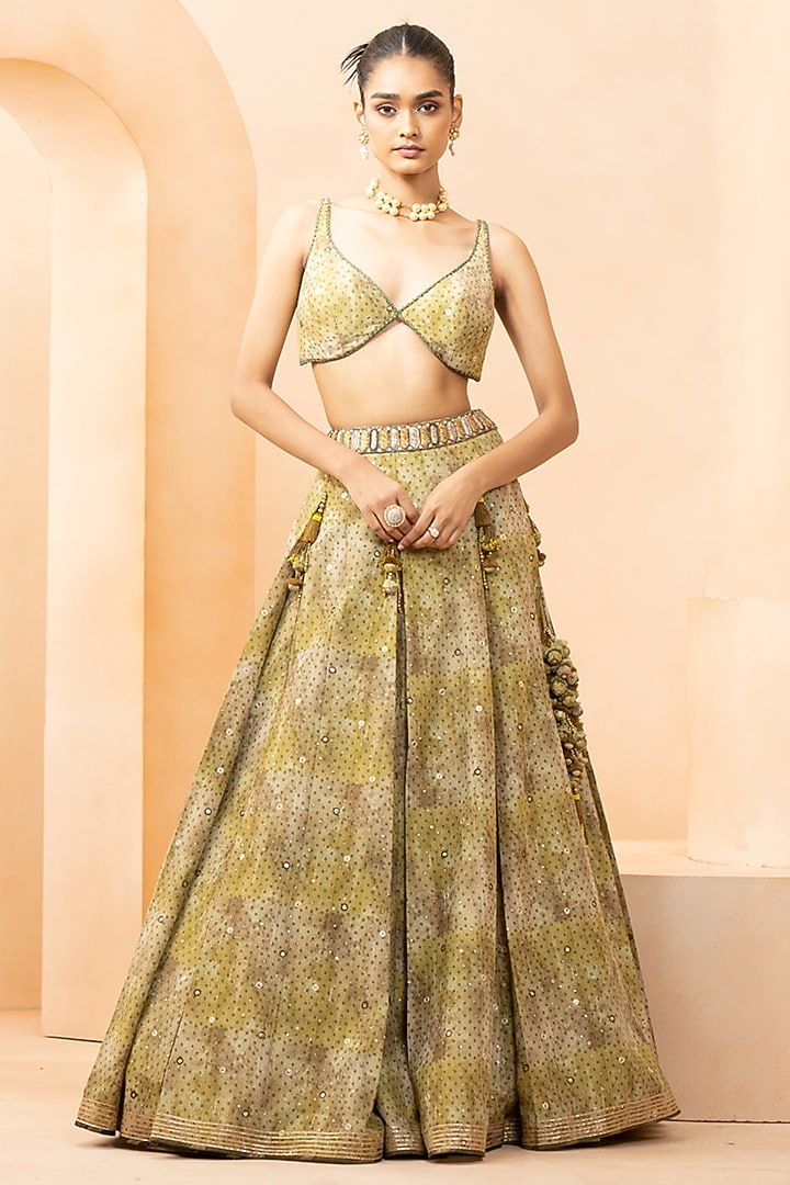 Olive Green Shimmer Fabric Digital Printed Skirt Set by Studio Bagechaa at Pernia's Pop Up Shop