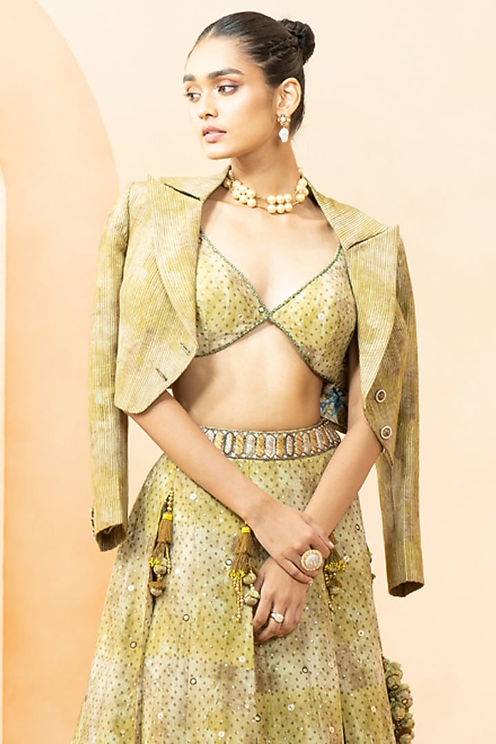Olive Green Shimmer Fabric Digital Printed Skirt Set by Studio Bagechaa at Pernia's Pop Up Shop