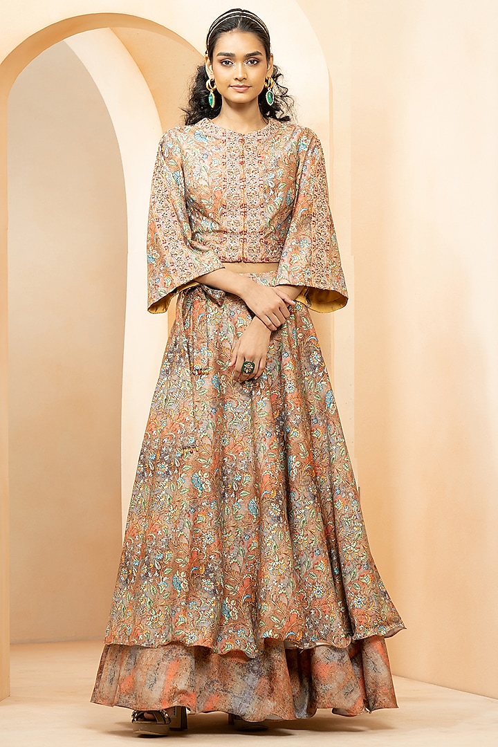 Multi-Colored Chanderi Kalamkari Printed Lehenga Set by Studio Bagechaa at Pernia's Pop Up Shop