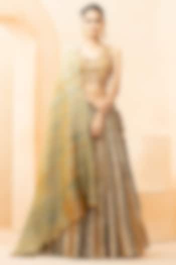 Mustard & Green Fine Silk Digital Printed Wedding Lehenga Set by Studio Bagechaa at Pernia's Pop Up Shop