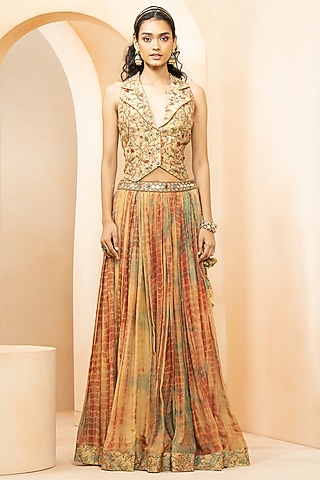 Multi-Colored Shimmer Fabric Bandhani Dye & Kalamkari Printed Skirt Set by Studio Bagechaa