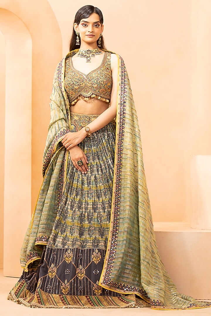 Blue Silk Digital Printed Wedding Lehenga Set by Studio Bagechaa at Pernia's Pop Up Shop