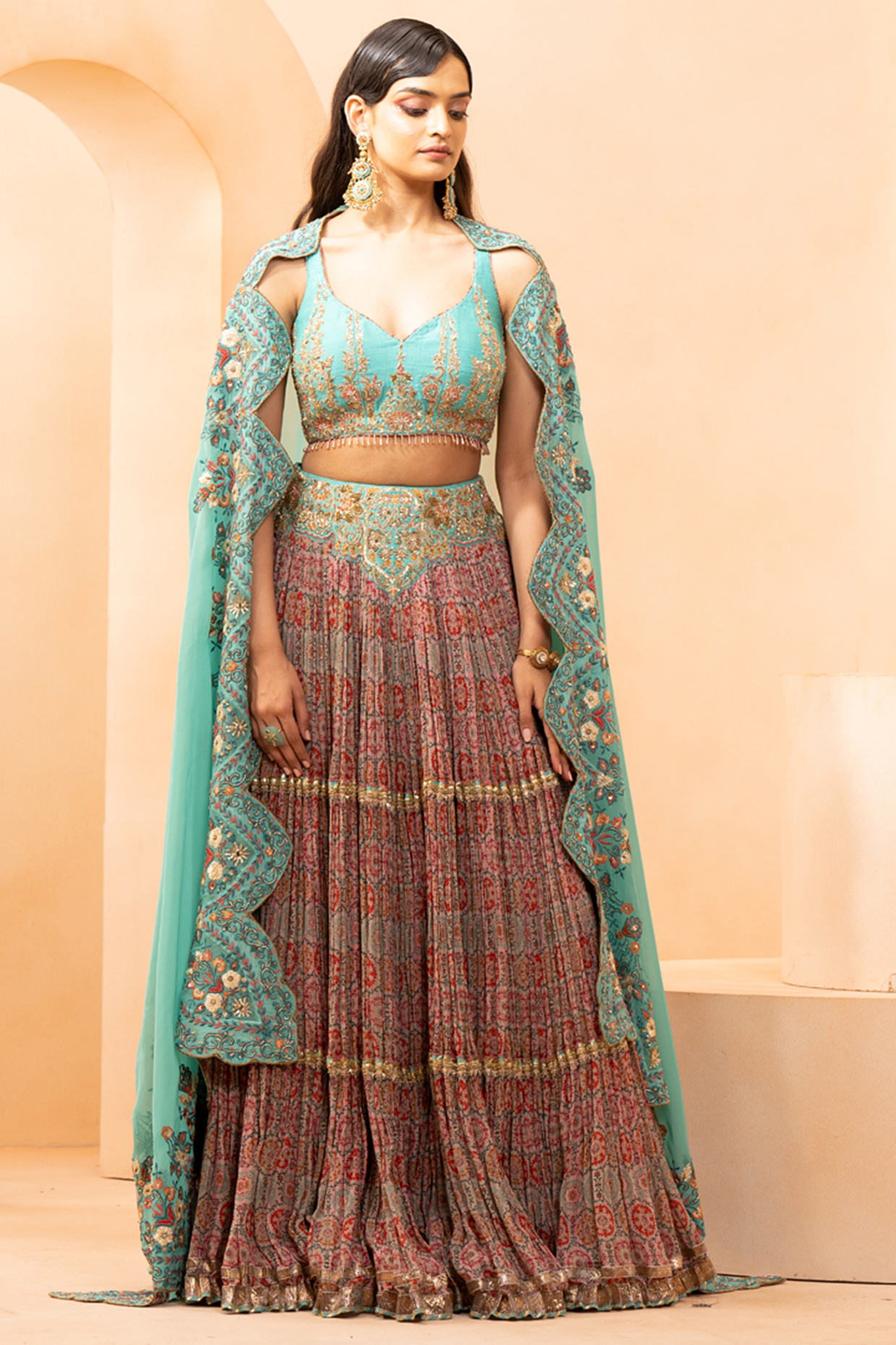 Multi-Colored Handloom Silk & Georgette Digital Printed Wedding Lehenga Set by Studio Bagechaa at Pernia's Pop Up Shop