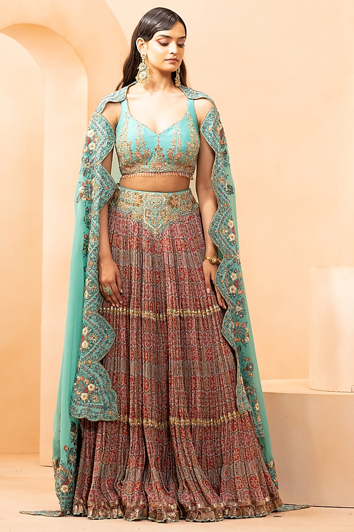 Multi-Colored Handloom Silk & Georgette Digital Printed Wedding Lehenga Set by Studio Bagechaa at Pernia's Pop Up Shop