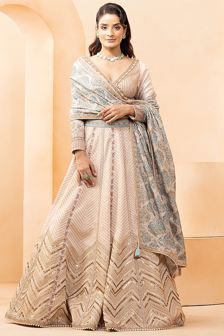 Beige Handloom Silk & Chanderi Digital Printed Wedding Lehenga Set by Studio Bagechaa at Pernia's Pop Up Shop