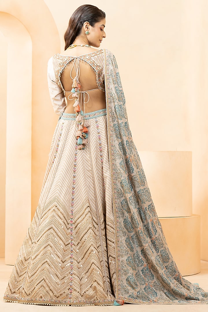 Beige Handloom Silk & Chanderi Digital Printed Bridal Lehenga Set by Studio Bagechaa at Pernia's Pop Up Shop