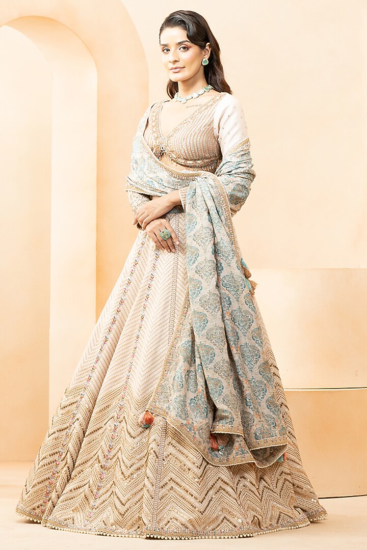 Beige Handloom Silk & Chanderi Digital Printed Bridal Lehenga Set by Studio Bagechaa at Pernia's Pop Up Shop