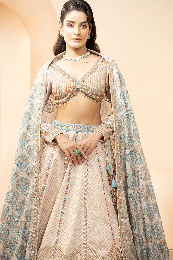 Beige Handloom Silk & Chanderi Digital Printed Bridal Lehenga Set by Studio Bagechaa at Pernia's Pop Up Shop