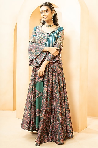 Peacock Blue Fine Silk Kalamkari Printed Anarkali Set by Studio Bagechaa