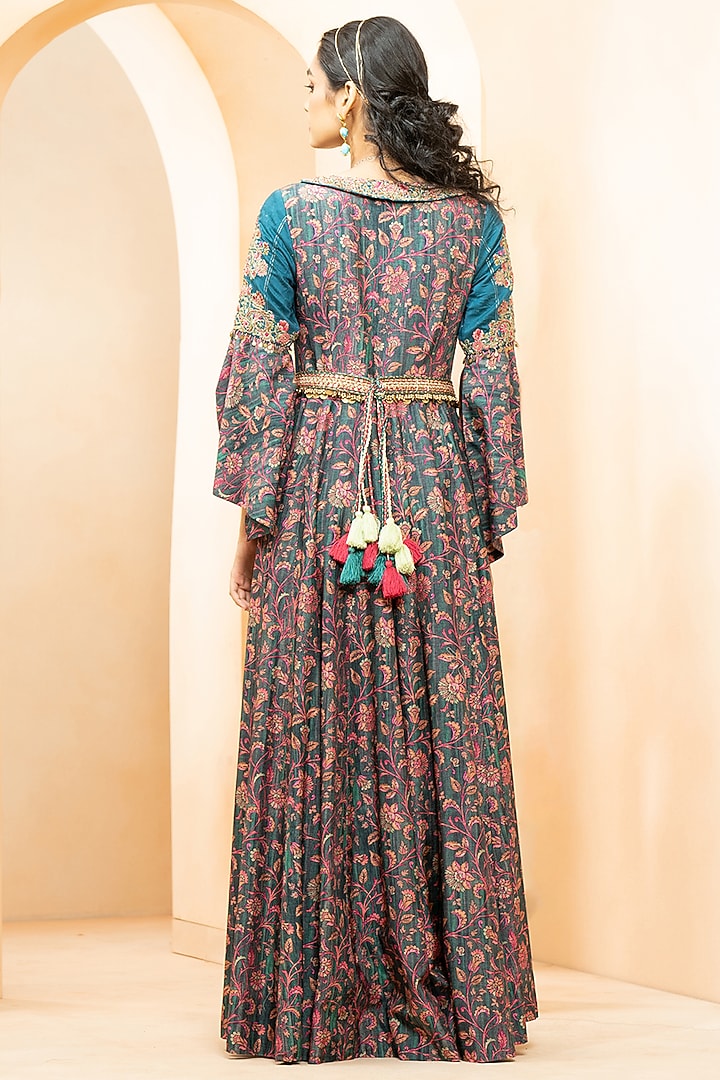 Peacock Blue Fine Silk Kalamkari Printed Wedding Anarkali Set by Studio Bagechaa at Pernia's Pop Up Shop