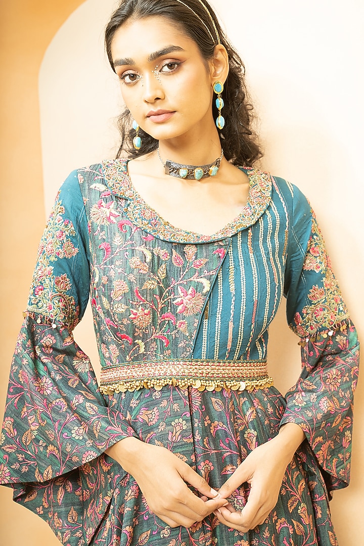 Peacock Blue Fine Silk Kalamkari Printed Wedding Anarkali Set by Studio Bagechaa at Pernia's Pop Up Shop