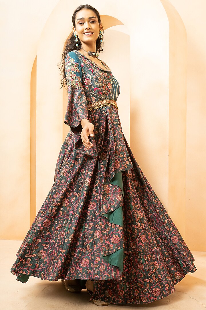 Peacock Blue Fine Silk Kalamkari Printed Wedding Anarkali Set by Studio Bagechaa at Pernia's Pop Up Shop