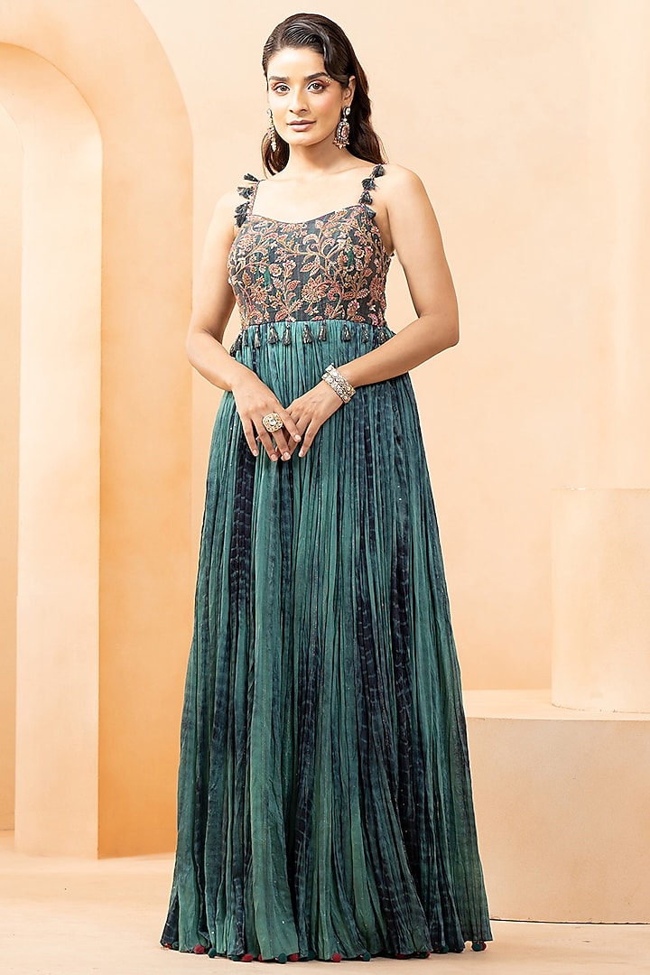 Blue Fine Silk Bandhani Dyed & Printed Anarkali Dress by Studio Bagechaa at Pernia's Pop Up Shop