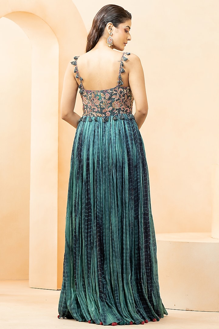 Blue Fine Silk Bandhani Dyed & Printed Wedding Anarkali Dress by Studio Bagechaa at Pernia's Pop Up Shop