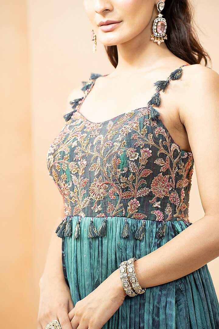 Blue Fine Silk Bandhani Dyed & Printed Wedding Anarkali Dress by Studio Bagechaa at Pernia's Pop Up Shop