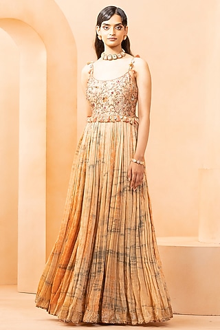 Orange Fine Silk Bandhani Dyed & Printed Anarkali by Studio Bagechaa