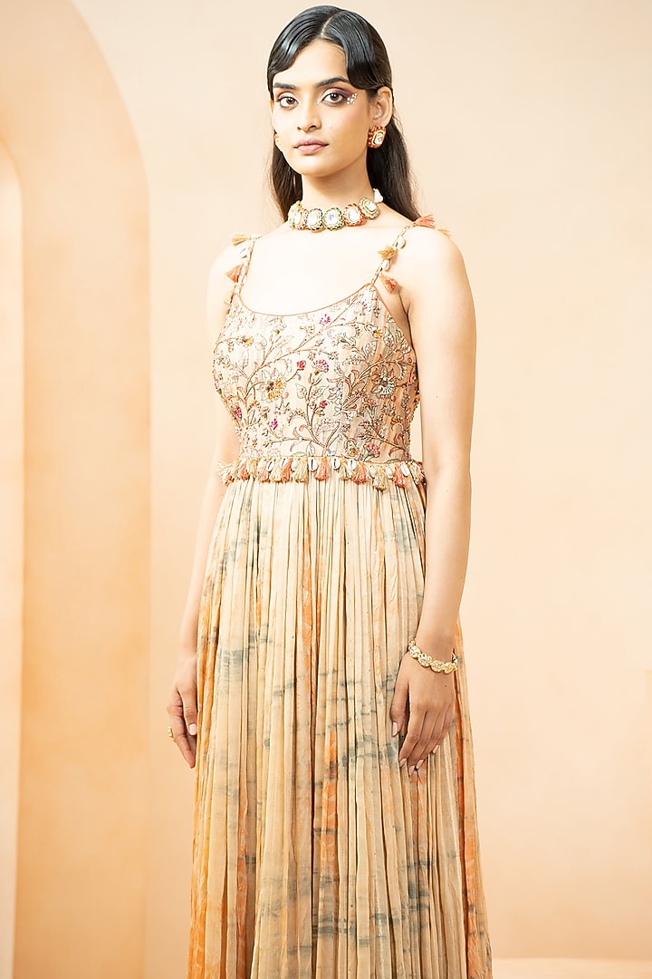 Orange Fine Silk Bandhani Dyed & Printed Wedding Anarkali by Studio Bagechaa at Pernia's Pop Up Shop