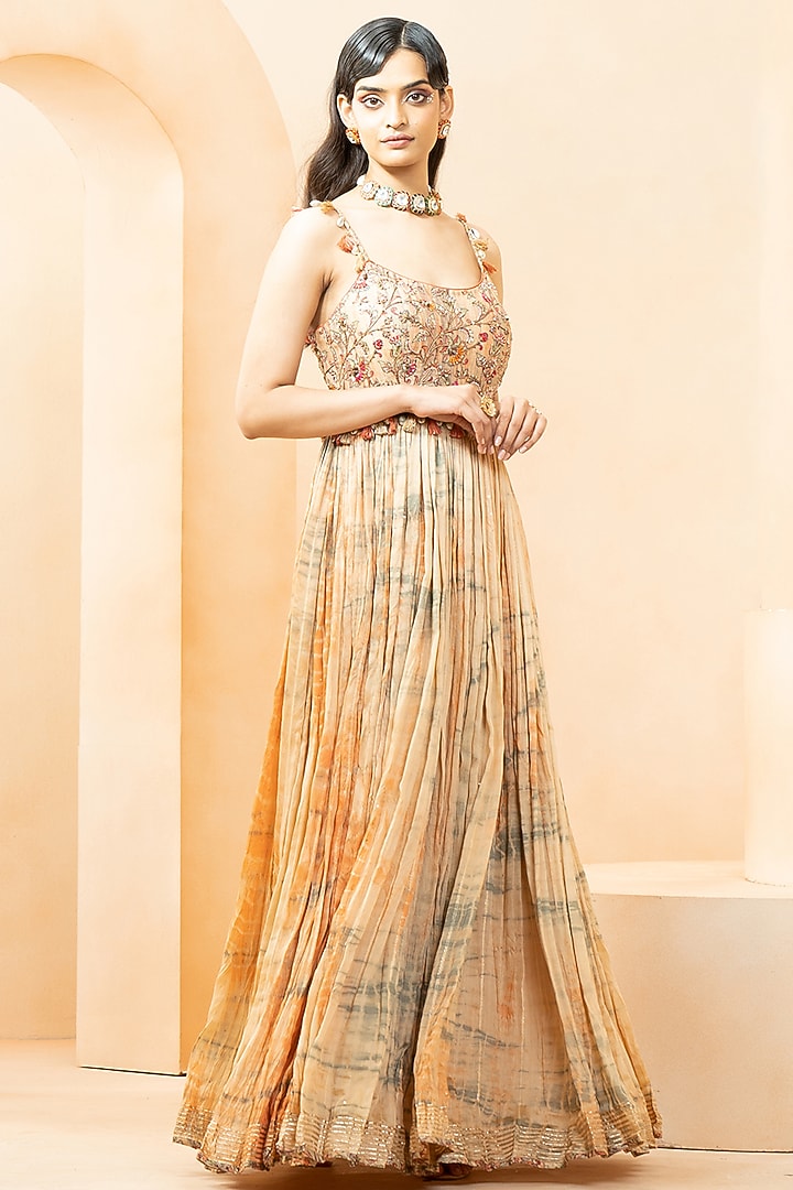 Orange Fine Silk Bandhani Dyed & Printed Wedding Anarkali by Studio Bagechaa at Pernia's Pop Up Shop
