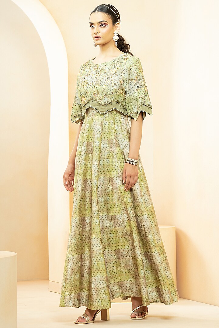 Olive Green Fine Silk Digital Printed Anarkali Dress With Jacket by Studio Bagechaa at Pernia's Pop Up Shop