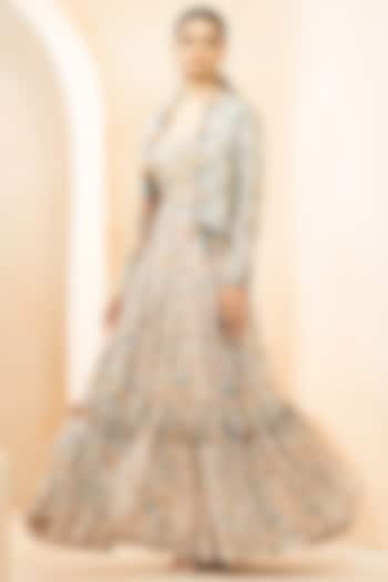 Beige & Blue Fine Silk Digital Printed Anarkali Cocktail Dress With Jacket by Studio Bagechaa at Pernia's Pop Up Shop