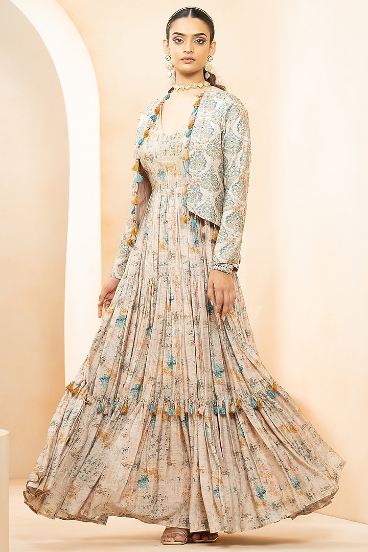 Beige & Blue Fine Silk Digital Printed Anarkali Cocktail Dress With Jacket by Studio Bagechaa at Pernia's Pop Up Shop