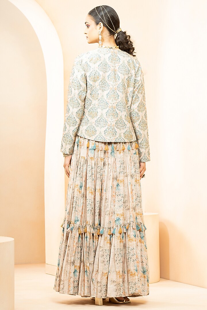 Beige & Blue Fine Silk Digital Printed Anarkali Cocktail Dress With Jacket by Studio Bagechaa at Pernia's Pop Up Shop