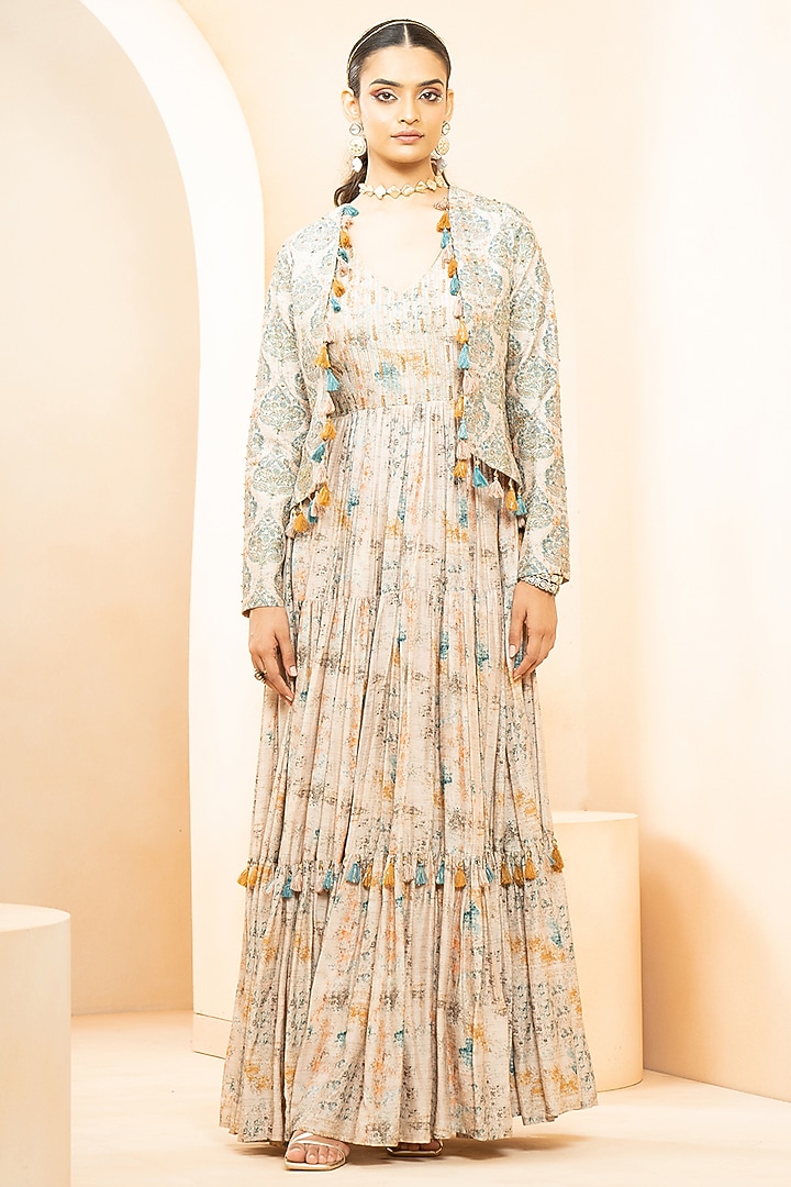 Beige & Blue Fine Silk Digital Printed Anarkali Cocktail Dress With Jacket by Studio Bagechaa at Pernia's Pop Up Shop
