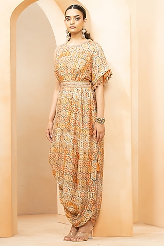 Multi-Colored Fine Silk Digital Printed Dress With Belt by Studio Bagechaa