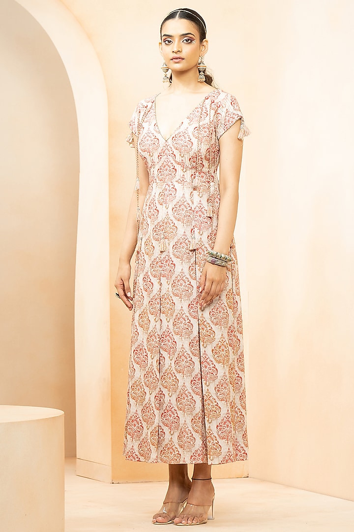 Ivory & Red Fine Silk Motif Printed A-Line Dress by Studio Bagechaa at Pernia's Pop Up Shop