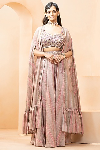 Purple Fine Silk Digital Printed Cape Set by Studio Bagechaa