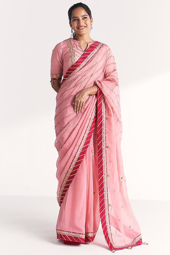Light Pink Organza Hand Embroidered Wedding Saree Set by Studio Bagechaa at Pernia's Pop Up Shop