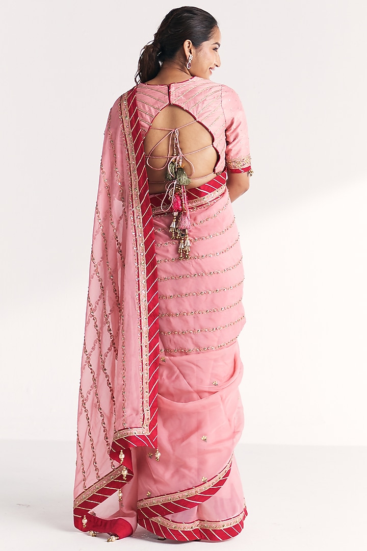 Light Pink Organza Hand Embroidered Wedding Saree Set by Studio Bagechaa at Pernia's Pop Up Shop