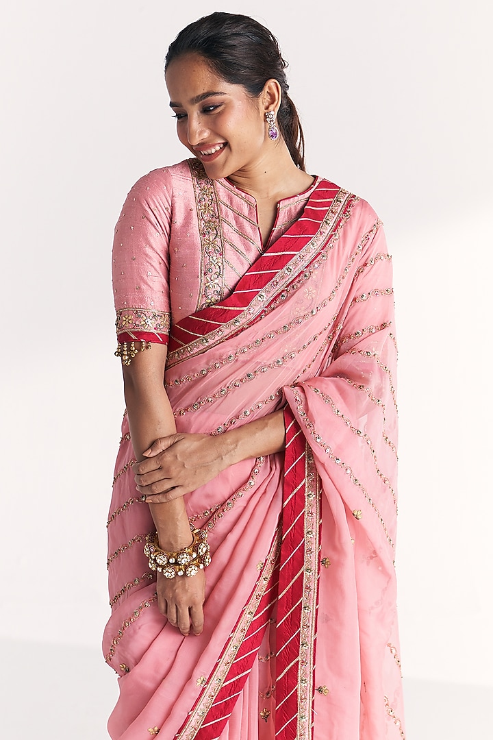 Light Pink Organza Hand Embroidered Wedding Saree Set by Studio Bagechaa at Pernia's Pop Up Shop