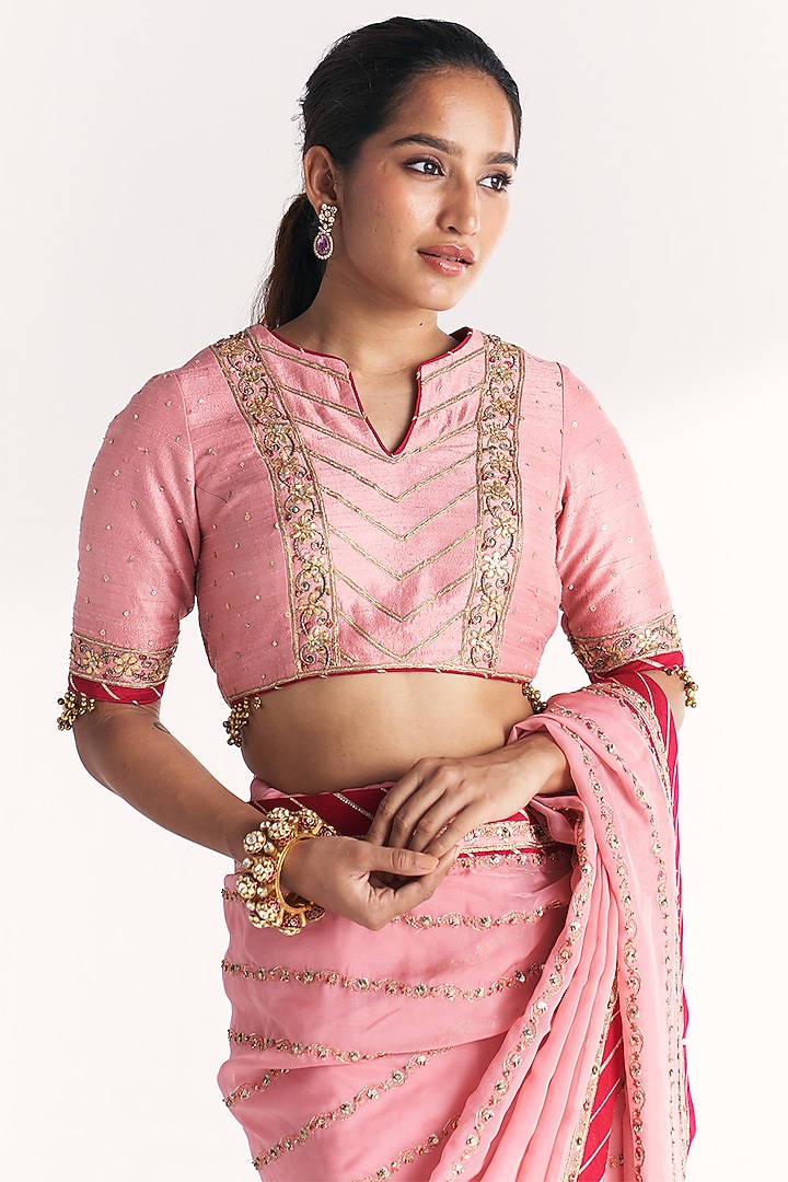 Light Pink Organza Hand Embroidered Wedding Saree Set by Studio Bagechaa at Pernia's Pop Up Shop