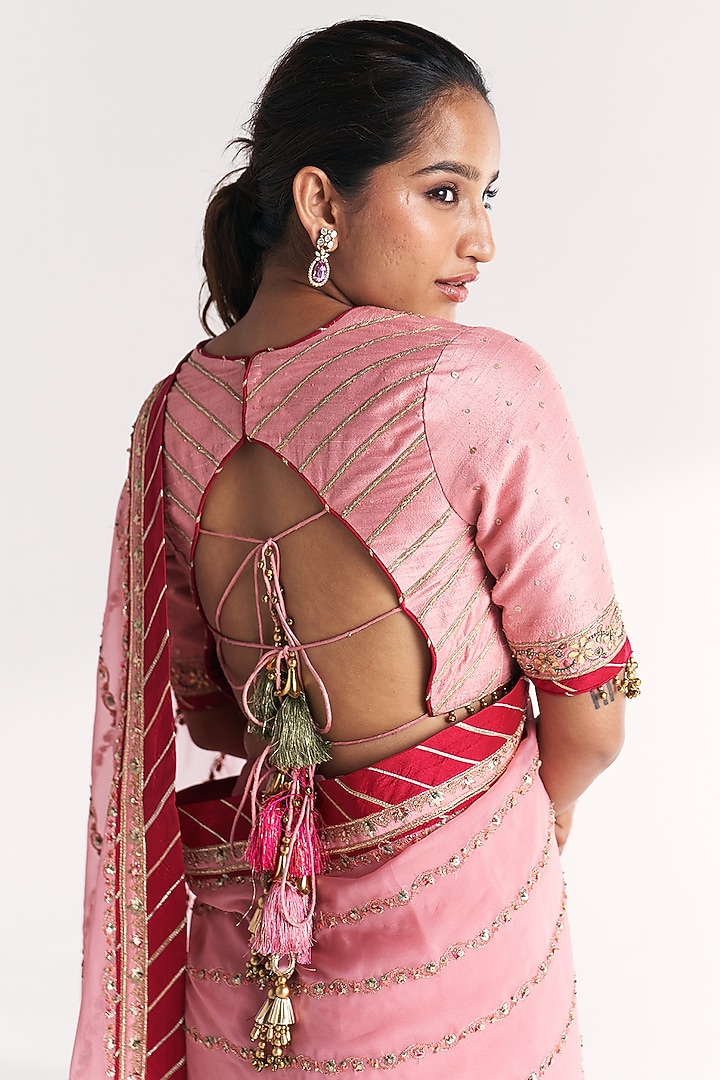 Light Pink Organza Hand Embroidered Wedding Saree Set by Studio Bagechaa at Pernia's Pop Up Shop
