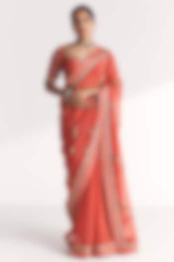 Tangerine Organza Hand Embroidered Wedding Saree Set by Studio Bagechaa at Pernia's Pop Up Shop
