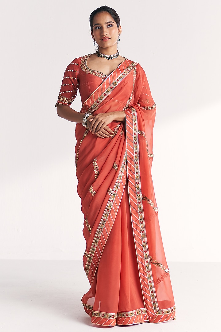 Tangerine Organza Hand Embroidered Wedding Saree Set by Studio Bagechaa at Pernia's Pop Up Shop