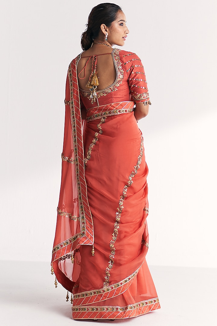 Tangerine Organza Hand Embroidered Wedding Saree Set by Studio Bagechaa at Pernia's Pop Up Shop