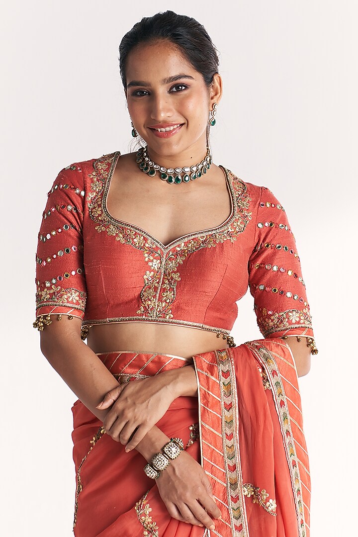 Tangerine Organza Hand Embroidered Wedding Saree Set by Studio Bagechaa at Pernia's Pop Up Shop