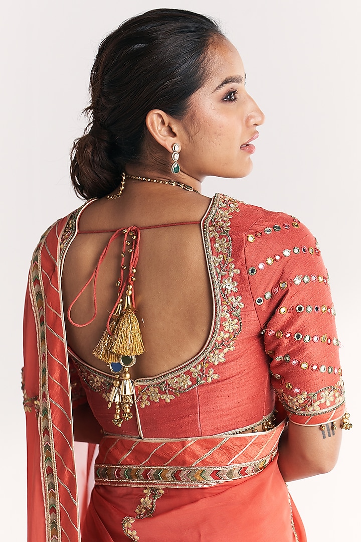 Tangerine Organza Hand Embroidered Wedding Saree Set by Studio Bagechaa at Pernia's Pop Up Shop