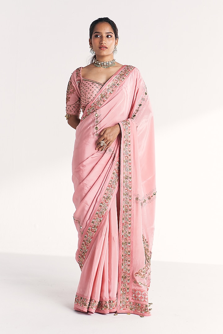 Light Pink Crepe Hand Embroidered Wedding Saree Set by Studio Bagechaa at Pernia's Pop Up Shop