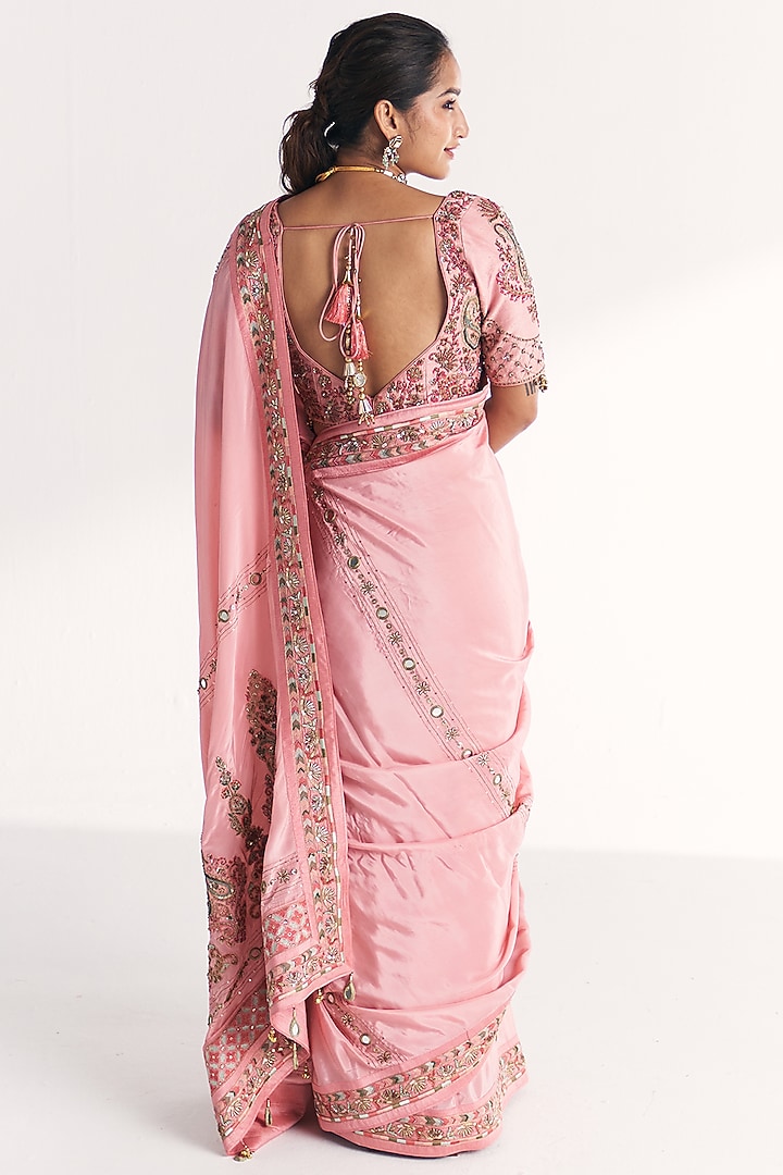 Light Pink Crepe Hand Embroidered Wedding Saree Set by Studio Bagechaa at Pernia's Pop Up Shop