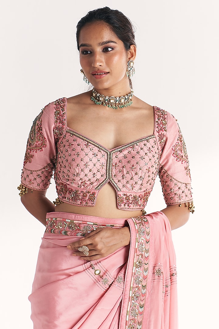 Light Pink Crepe Hand Embroidered Wedding Saree Set by Studio Bagechaa at Pernia's Pop Up Shop