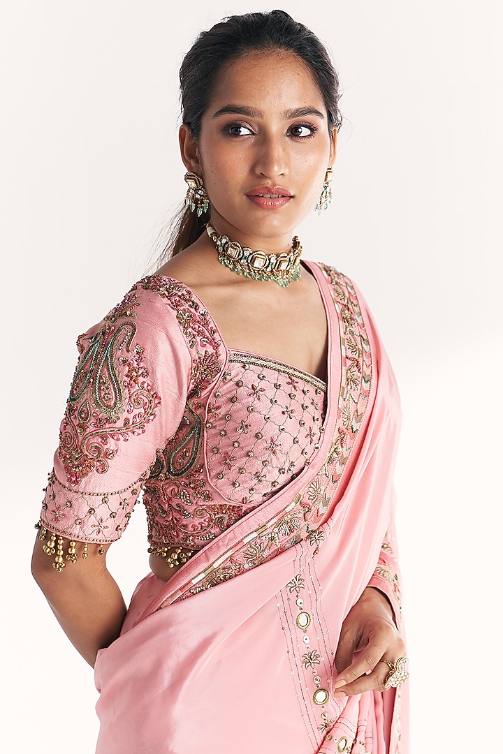 Light Pink Crepe Hand Embroidered Wedding Saree Set by Studio Bagechaa at Pernia's Pop Up Shop