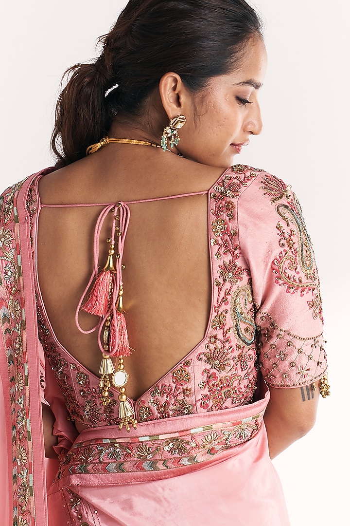 Light Pink Crepe Hand Embroidered Wedding Saree Set by Studio Bagechaa at Pernia's Pop Up Shop