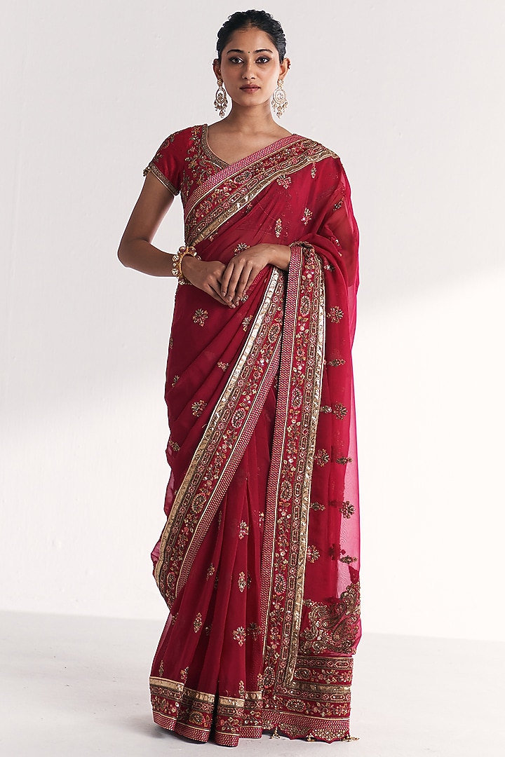 Hot Pink Organza Gota Embroidered Reception Saree Set by Studio Bagechaa at Pernia's Pop Up Shop