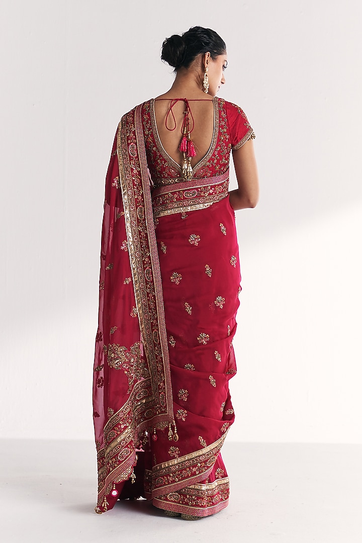 Hot Pink Organza Gota Embroidered Reception Saree Set by Studio Bagechaa at Pernia's Pop Up Shop