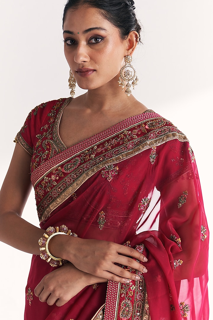 Hot Pink Organza Gota Embroidered Reception Saree Set by Studio Bagechaa at Pernia's Pop Up Shop