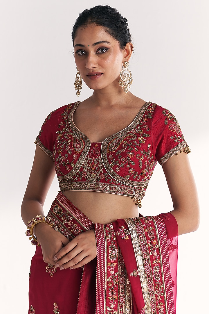 Hot Pink Organza Gota Embroidered Reception Saree Set by Studio Bagechaa at Pernia's Pop Up Shop
