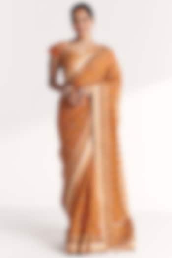 Mustard Georgette Hand Embroidered Reception Saree Set by Studio Bagechaa at Pernia's Pop Up Shop